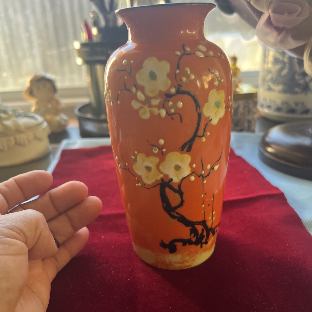 Vintage Asian Vase Pottery with White Blossoms Marked Made in Japan approx. 6"